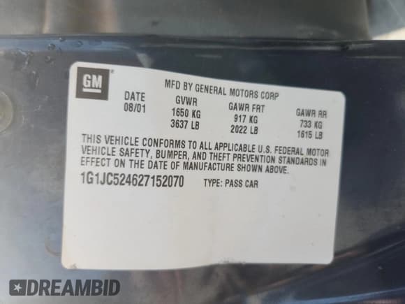 ✅ 2002 Chevrolet Cavalier • VIN: 1G1JC524627152070 • Lot: 81333875. Listed on Copart with 129,650 mi. Free auction sales archive from the USA and detailed vehicle history report at DreamBid. Image 12.