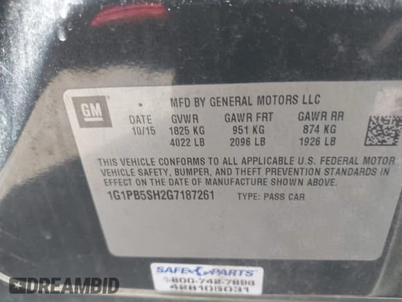 ✅ 2016 Chevrolet Cruze LS • VIN: 1G1PB5SH2G7187261 • Lot: 42927213. Listed on IAAI with 124,909 mi. Free auction sales archive from the USA and detailed vehicle history report at DreamBid. Image 9.