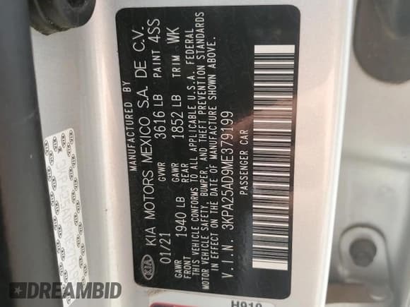 ✅ 2021 Kia Rio S • VIN: 3KPA25AD9ME379199 • Lot: 82406635. Wystawiony na Copart z przebiegiem 71 269 mil. Bezpłatny archiwum sprzedaży aukcyjnych z USA i szczegółowy raport historii pojazdu na DreamBid. Zdjęcie 12.