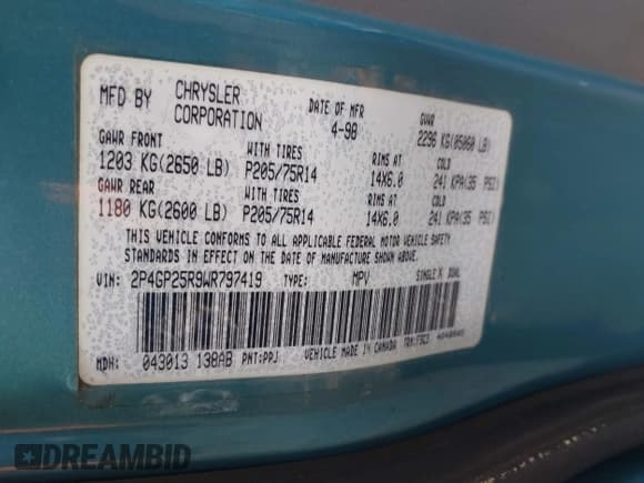 ✅ 1998 Plymouth Voyager • VIN: 2P4GP25R9WR797419 • Лот: 42324881. Опубликован ранее на IAAI с пробегом 96 543 миль. Бесплатный доступ к архиву аукционных продаж из США и подробный отчёт об истории автомобиля на DreamBid. Изображение 9.