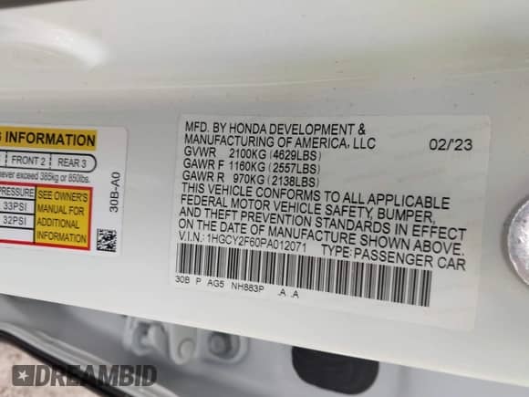 2023 Honda Accord EX-L with VIN 1HGCY2F60PA012071, listed as a IAAI auction lot 42005500 with 29,858 mi miles and . Bid and sale history available at DreamBid. Image 9.
