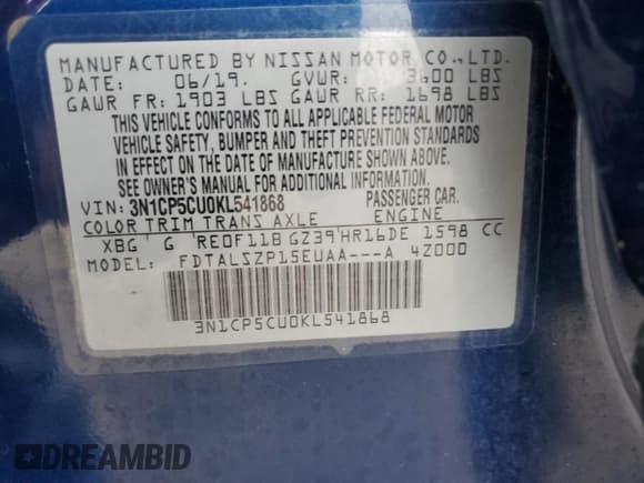 ✅ 2019 Nissan Kicks S • VIN: 3N1CP5CU0KL541868 • Лот: 85602465. Опубликован ранее на Copart с пробегом 155 953 миль. Бесплатный доступ к архиву аукционных продаж из США и подробный отчёт об истории автомобиля на DreamBid. Изображение 13.