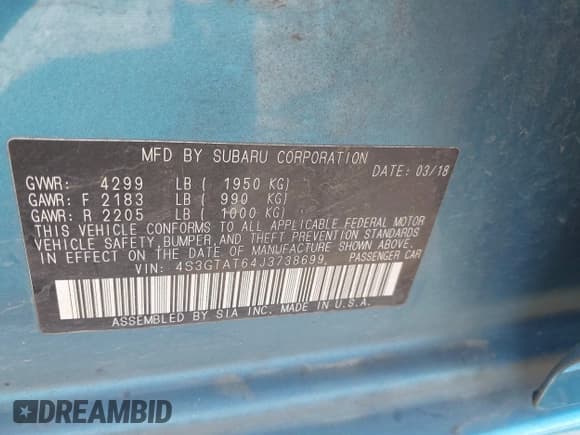 ✅ 2018 Subaru Impreza Limited • VIN: 4S3GTAT64J3738699 • Lot: 42723506. Listed on IAAI with 183,088 mi. Free auction sales archive from the USA and detailed vehicle history report at DreamBid. Image 9.