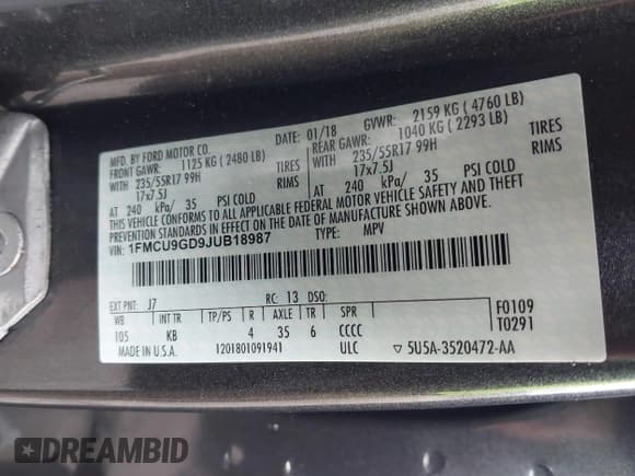 ✅ 2018 Ford Escape SE • VIN: 1FMCU9GD9JUB18987 • Lot: 40912957. Wystawiony na IAAI z przebiegiem 110 279 mil. Bezpłatny archiwum sprzedaży aukcyjnych z USA i szczegółowy raport historii pojazdu na DreamBid. Zdjęcie 9.