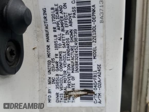 ✅ 2005 Toyota Corolla CE • VIN: 1NXBR32E45Z498739 • Лот: 90345865. Опубликован ранее на Copart с пробегом 266 504 миль. Бесплатный доступ к архиву аукционных продаж из США и подробный отчёт об истории автомобиля на DreamBid. Изображение 12.