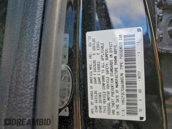 ✅ 2010 Honda Accord EX • VIN: 1HGCP2E72AA086578 • Lot: 93425245. Listed on Copart with 145,068 mi. Free auction sales archive from the USA and detailed vehicle history report at DreamBid. Image 13.