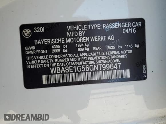 ✅ 2016 BMW 3 Series 320i • VIN: WBA8E1G56GNT99647 • Lot: 86882005. Listed on Copart with 151,336 mi. Free auction sales archive from the USA and detailed vehicle history report at DreamBid. Image 13.