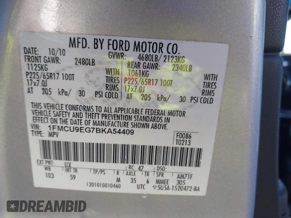 ✅ 2011 Ford Escape Limited • VIN: 1FMCU9EG7BKA54409 • Lot: 43380194. Listed on IAAI with 225,235 mi. Free auction sales archive from the USA and detailed vehicle history report at DreamBid. Image 9.