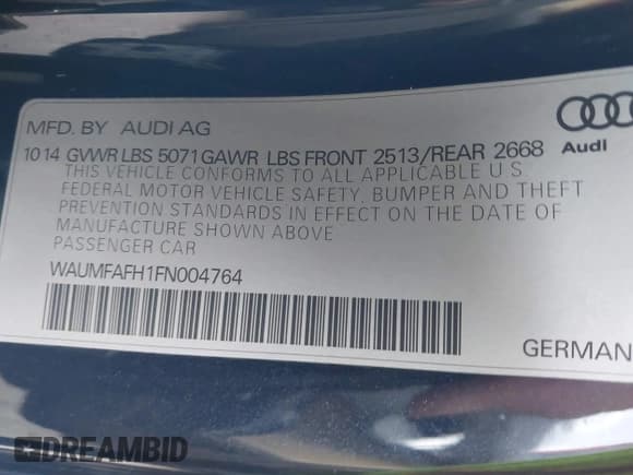 ✅ 2015 Audi A5 Premium Plus • VIN: WAUMFAFH1FN004764 • Lot: 40603198. Listed on IAAI with 43,552 mi. Free auction sales archive from the USA and detailed vehicle history report at DreamBid. Image 9.