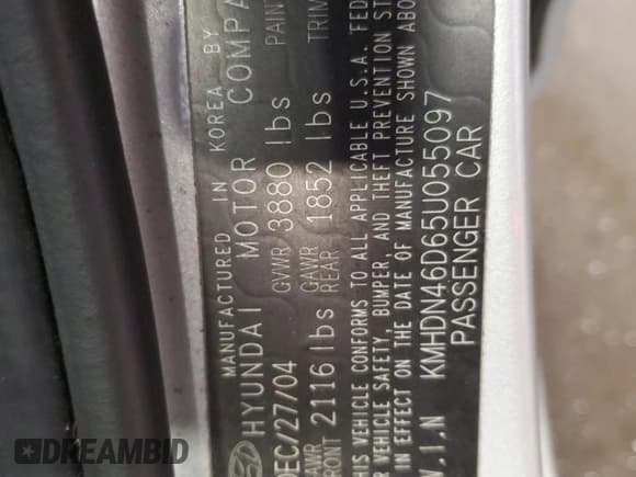 ✅ 2005 Hyundai Elantra GLS • VIN: KMHDN46D65U055097 • Lot: 42342005. Wystawiony na Copart z przebiegiem 112 994 mil. Bezpłatny archiwum sprzedaży aukcyjnych z USA i szczegółowy raport historii pojazdu na DreamBid. Zdjęcie 12.