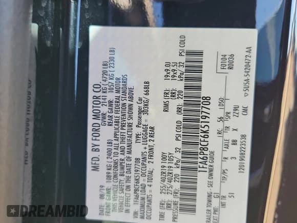 ✅ 2019 Ford Mustang GT • VIN: 1FA6P8CF6K5197708 • Lot: 90904395. Listed on Copart with 14,015 mi. Free auction sales archive from the USA and detailed vehicle history report at DreamBid. Image 12.