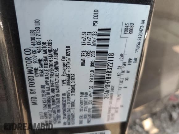 ✅ 2017 Ford Fusion SE • VIN: 3FA6P0H78HR322118 • Lot: 67484395. Listed on Copart with 96,122 mi. Free auction sales archive from the USA and detailed vehicle history report at DreamBid. Image 12.