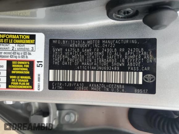 ✅ 2022 Toyota Camry LE • VIN: 4T1C11AK3NU692489 • Lot: 80472715. Listed on Copart with 45,488 mi. Free auction sales archive from the USA and detailed vehicle history report at DreamBid. Image 12.