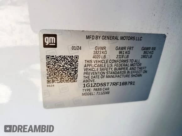 2024 Chevrolet Malibu LT with VIN 1G1ZD5ST7RF169791, listed as a Copart auction lot 72019415 with 40,774 mi miles and Salvage title. Bid and sale history available at DreamBid. Image 13.