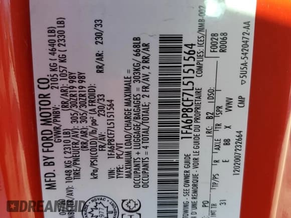 ✅ 2020 Ford Mustang GT • VIN: 1FA6P8CF7L5151564 • Lot: 80309865. Listed on Copart with 47,659 mi. Free auction sales archive from the USA and detailed vehicle history report at DreamBid. Image 12.