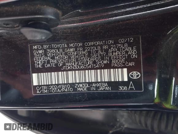 ✅ 2012 Toyota Prius Four • VIN: JTDKN3DU6C5415419 • Lot: 43829921. Listed on IAAI with 153,865 mi. Free auction sales archive from the USA and detailed vehicle history report at DreamBid. Image 9.