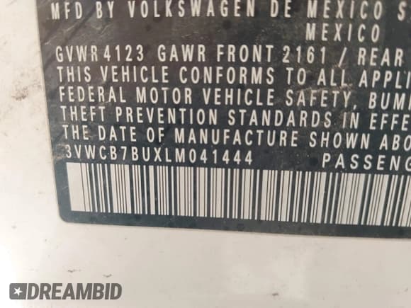 ✅ 2020 Volkswagen Jetta S • VIN: 3VWCB7BUXLM041444 • Lot: 41965558. Listed on IAAI with 55,240 mi. Free auction sales archive from the USA and detailed vehicle history report at DreamBid. Image 9.