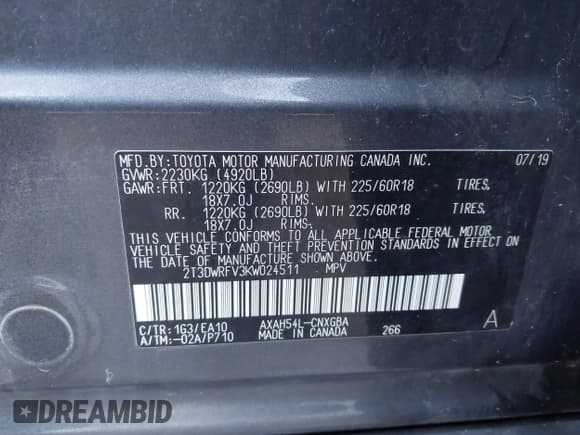 ✅ 2019 Toyota RAV4 Hybrid Limited • VIN: 2T3DWRFV3KW024511 • Lot: 43544255. Listed on IAAI with 192,304 mi. Free auction sales archive from the USA and detailed vehicle history report at DreamBid. Image 9.