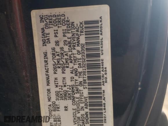 ✅ 2002 Toyota Tundra Limited • VIN: 5TBRT38132S233392 • Lot: 49057454. Listed on Copart with 248,313 mi. Free auction sales archive from the USA and detailed vehicle history report at DreamBid. Image 12.