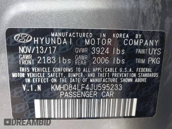 2018 Hyundai Elantra Value Edition with VIN KMHD84LF4JU595233, listed as a IAAI auction lot 42512154 with 102,291 mi miles and . Bid and sale history available at DreamBid. Image 9.