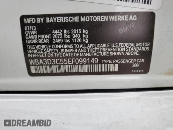 ✅ 2014 BMW 3 Series 328d • VIN: WBA3D3C55EF099149 • Lot: 54274625. Listed on Copart with 184,044 mi. Free auction sales archive from the USA and detailed vehicle history report at DreamBid. Image 12.