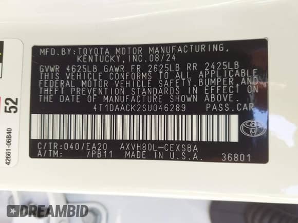 2025 Toyota Camry LE with VIN 4T1DAACK2SU046289, listed as a IAAI auction lot 43340143 with 5,363 mi miles and . Bid and sale history available at DreamBid. Image 9.