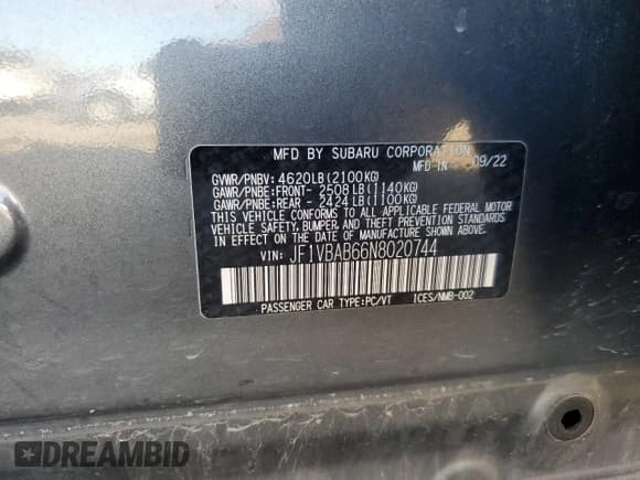 ✅ 2022 Subaru WRX • VIN: JF1VBAB66N8020744 • Lot: 79536914. Wystawiony na Copart z przebiegiem 64 272 mil. Bezpłatny archiwum sprzedaży aukcyjnych z USA i szczegółowy raport historii pojazdu na DreamBid. Zdjęcie 12.