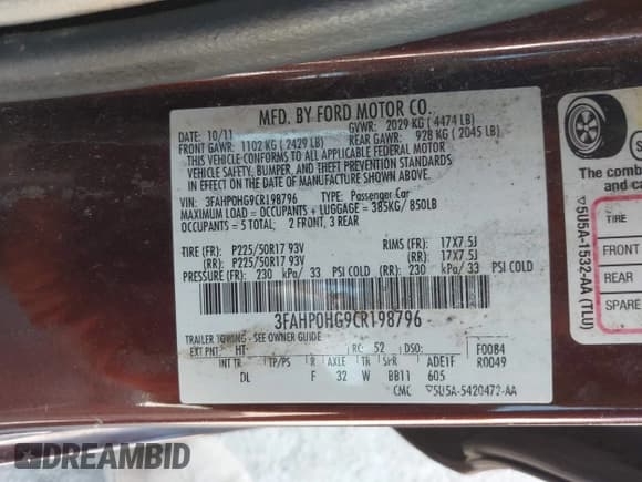 ✅ 2012 Ford Fusion SE • VIN: 3FAHP0HG9CR198796 • Лот: 43699568. Опубликован ранее на IAAI с пробегом 106 911 миль. Бесплатный доступ к архиву аукционных продаж из США и подробный отчёт об истории автомобиля на DreamBid. Изображение 9.