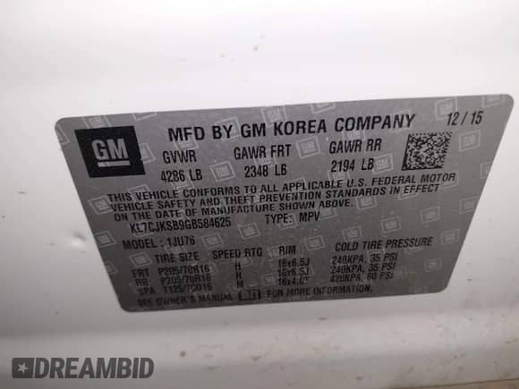 2016 Chevrolet Trax LS z VIN KL7CJKSB9GB584625, wystawiony jako IAAI lot #43358803 z przebiegiem 110 649 mil mil oraz . Historia ofert i sprzedaży dostępna na DreamBid. Obrazek 9.