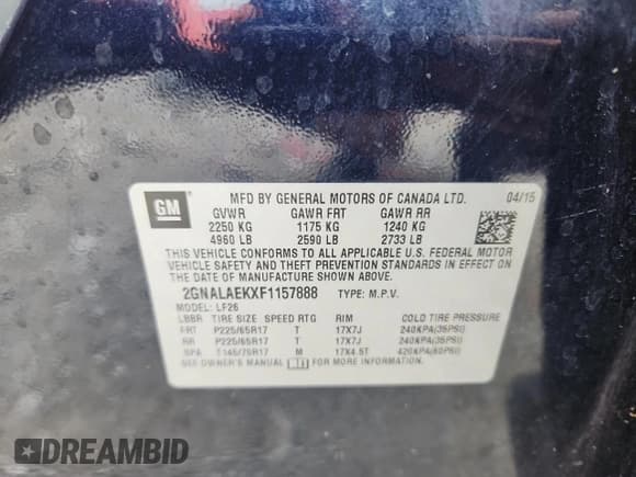 ✅ 2015 Chevrolet Equinox LS • VIN: 2GNALAEKXF1157888 • Лот: 86687295. Опубликован ранее на Copart с пробегом Не указан. Бесплатный доступ к архиву аукционных продаж из США и подробный отчёт об истории автомобиля на DreamBid. Изображение 13.