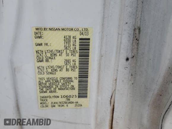 ✅ 2013 Nissan NV SV • VIN: 1N6BF0LY9DN106025 • Lot: 87444994. Listed on Copart with 150,725 mi. Free auction sales archive from the USA and detailed vehicle history report at DreamBid. Image 13.