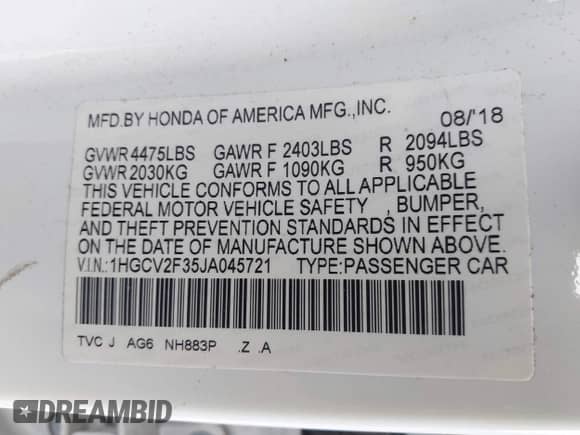 2018 Honda Accord Sport с VIN 1HGCV2F35JA045721, выставлен на аукционе IAAI как лот 43353715 с пробегом 76 055 миль миль и . История ставок и продаж доступна на DreamBid. Изображение 9.