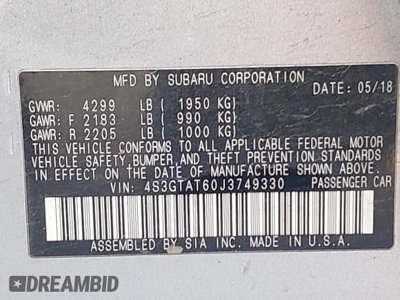 ✅ 2018 Subaru Impreza Limited • VIN: 4S3GTAT60J3749330 • Lot: 42221517. Listed on IAAI with 71,126 mi. Free auction sales archive from the USA and detailed vehicle history report at DreamBid. Image 9.