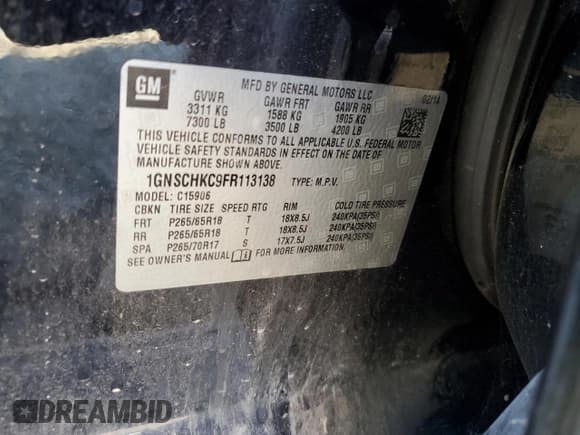 ✅ 2015 Chevrolet Suburban LS • VIN: 1GNSCHKC9FR113138 • Lot: 47116765. Listed on Copart with 196,796 mi. Free auction sales archive from the USA and detailed vehicle history report at DreamBid. Image 13.