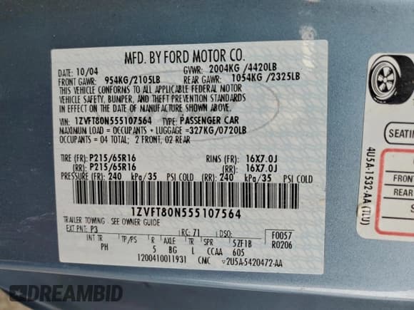 ✅ 2005 Ford Mustang Deluxe • VIN: 1ZVFT80N555107564 • Lot: 96603535. Listed on Copart with 112,594 mi. Free auction sales archive from the USA and detailed vehicle history report at DreamBid. Image 12.