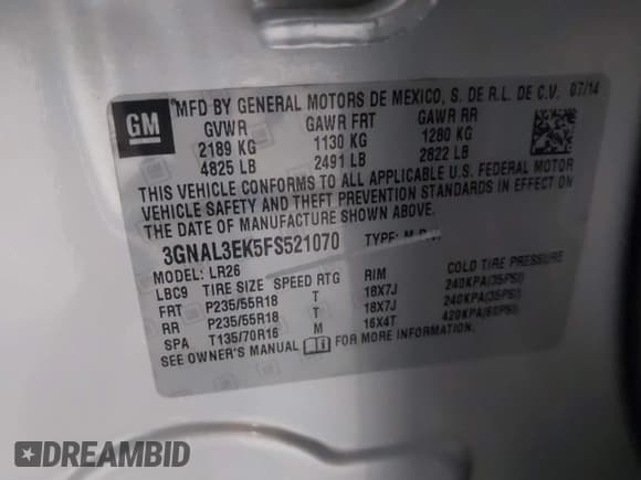 ✅ 2015 Chevrolet Captiva Sport LT • VIN: 3GNAL3EK5FS521070 • Lot: 41674435. Wystawiony na IAAI z przebiegiem 34 524 mil. Bezpłatny archiwum sprzedaży aukcyjnych z USA i szczegółowy raport historii pojazdu na DreamBid. Zdjęcie 9.