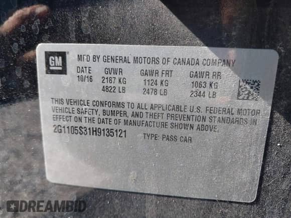 2017 Chevrolet Impala LT with VIN 2G1105S31H9135121, listed as a IAAI auction lot 43611247 with 169,773 mi miles and . Bid and sale history available at DreamBid. Image 10.