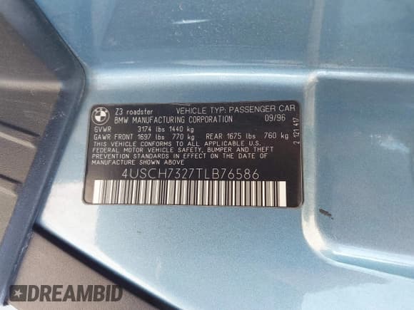 ✅ 1996 BMW 3 Series Z3 1.9 • VIN: 4USCH7327TLB76586 • Lot: 42471498. Listed on IAAI with 159,486 mi. Free auction sales archive from the USA and detailed vehicle history report at DreamBid. Image 9.