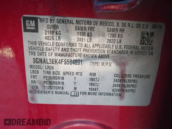 ✅ 2015 Chevrolet Captiva Sport LT • VIN: 3GNAL3EK4FS504891 • Лот: 41436501. Размещён на IAAI с пробегом 80 386 миль миль. Получите бесплатный доступ к архиву аукционных продаж из США и посмотрите подробный отчёт об истории автомобиля на DreamBid. Изображение 9.