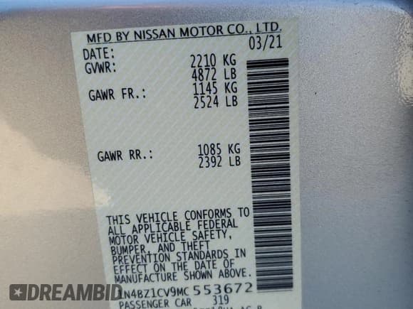 ✅ 2021 Nissan LEAF SV Plus • VIN: 1N4BZ1CV9MC553672 • Лот: 88032865. Опубликован ранее на Copart с пробегом 43 417 миль. Бесплатный доступ к архиву аукционных продаж из США и подробный отчёт об истории автомобиля на DreamBid. Изображение 12.