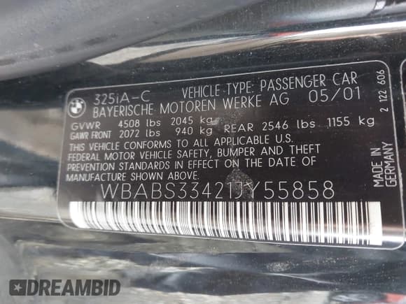 ✅ 2001 BMW 3 Series 325Ci • VIN: WBABS33421JY55858 • Lot: 43720841. Listed on IAAI with 123,997 mi. Free auction sales archive from the USA and detailed vehicle history report at DreamBid. Image 9.