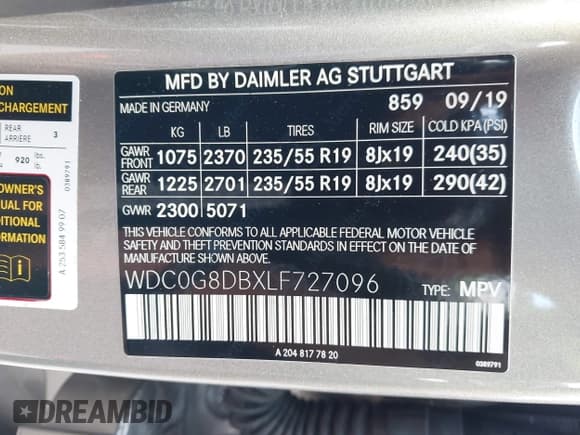 ✅ 2020 Mercedes-Benz GLC 300 • VIN: WDC0G8DBXLF727096 • Lot: 43394734. Listed on IAAI with 82,197 mi. Free auction sales archive from the USA and detailed vehicle history report at DreamBid. Image 9.