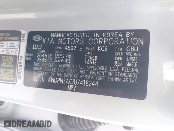 ✅ 2018 Kia Sportage EX • VIN: KNDPN3AC8J7418244 • Lot: 43766552. Listed on IAAI with 135,454 mi. Free auction sales archive from the USA and detailed vehicle history report at DreamBid. Image 9.