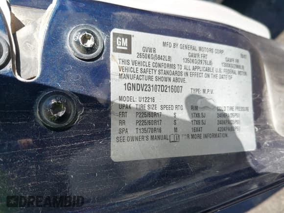 ✅ 2007 Chevrolet Uplander LS Fleet • VIN: 1GNDV23107D216007 • Лот: 43786017. Опубликован ранее на IAAI с пробегом 353 530 миль. Бесплатный доступ к архиву аукционных продаж из США и подробный отчёт об истории автомобиля на DreamBid. Изображение 9.