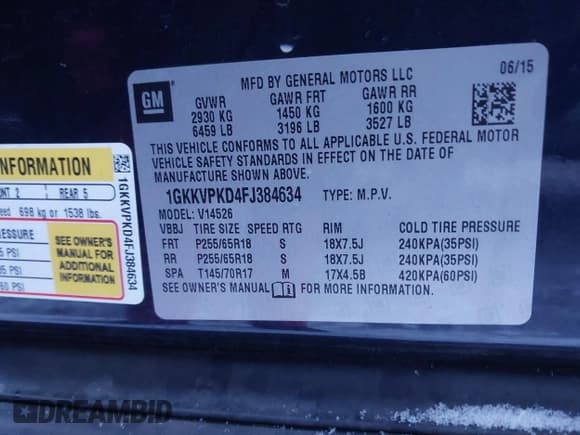 ✅ 2015 GMC Acadia SLE • VIN: 1GKKVPKD4FJ384634 • Лот: 43830560. Опубликован ранее на IAAI с пробегом 102 021 миль. Бесплатный доступ к архиву аукционных продаж из США и подробный отчёт об истории автомобиля на DreamBid. Изображение 9.