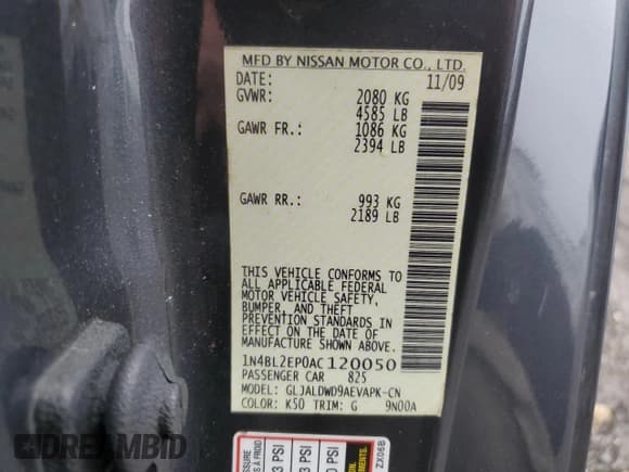 ✅ 2010 Nissan Altima SR • VIN: 1N4BL2EP0AC120050 • Lot: 92572665. Wystawiony na Copart z przebiegiem 195 512 mil. Bezpłatny archiwum sprzedaży aukcyjnych z USA i szczegółowy raport historii pojazdu na DreamBid. Zdjęcie 12.