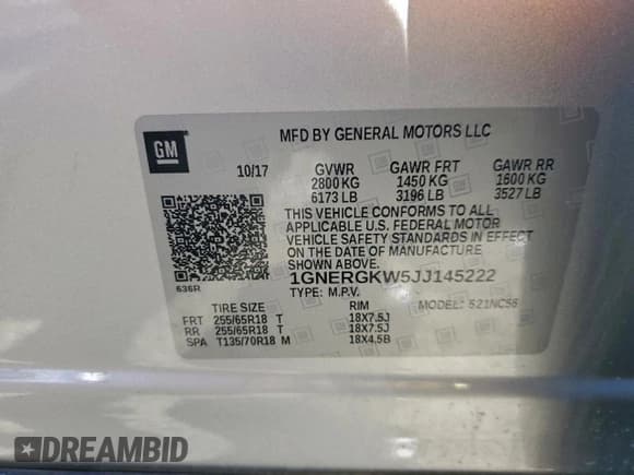 ✅ 2018 Chevrolet Traverse LT Cloth • VIN: 1GNERGKW5JJ145222 • Lot: 94703685. Listed on Copart with 181,302 mi. Free auction sales archive from the USA and detailed vehicle history report at DreamBid. Image 13.