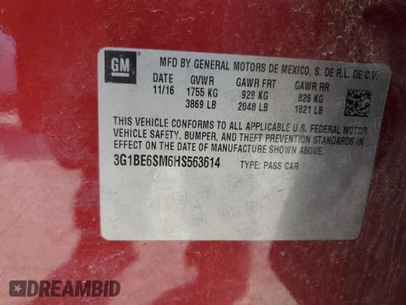 ✅ 2017 Chevrolet Cruze LT • VIN: 3G1BE6SM6HS563614 • Lot: 80255415. Listed on Copart with 86,012 mi. Free auction sales archive from the USA and detailed vehicle history report at DreamBid. Image 13.