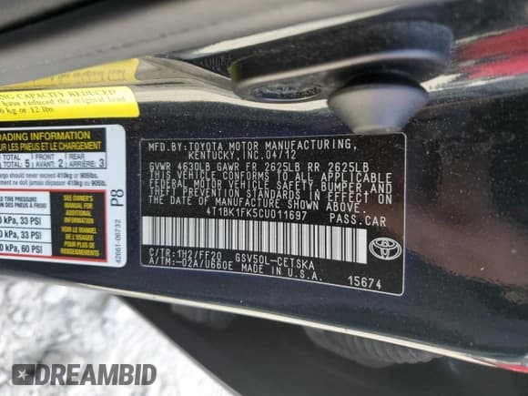 ✅ 2012 Toyota Camry XLE • VIN: 4T1BK1FK5CU011697 • Lot: 92714505. Listed on Copart with 128,239 mi. Free auction sales archive from the USA and detailed vehicle history report at DreamBid. Image 12.