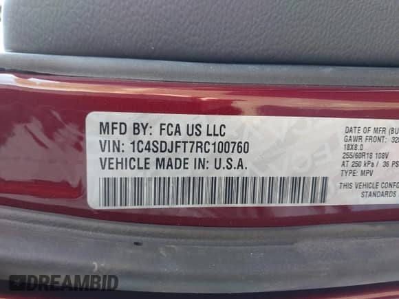 2024 Dodge Durango Pursuit with VIN 1C4SDJFT7RC100760, listed as a IAAI auction lot 41784948 with 7,265 mi miles and . Bid and sale history available at DreamBid. Image 9.
